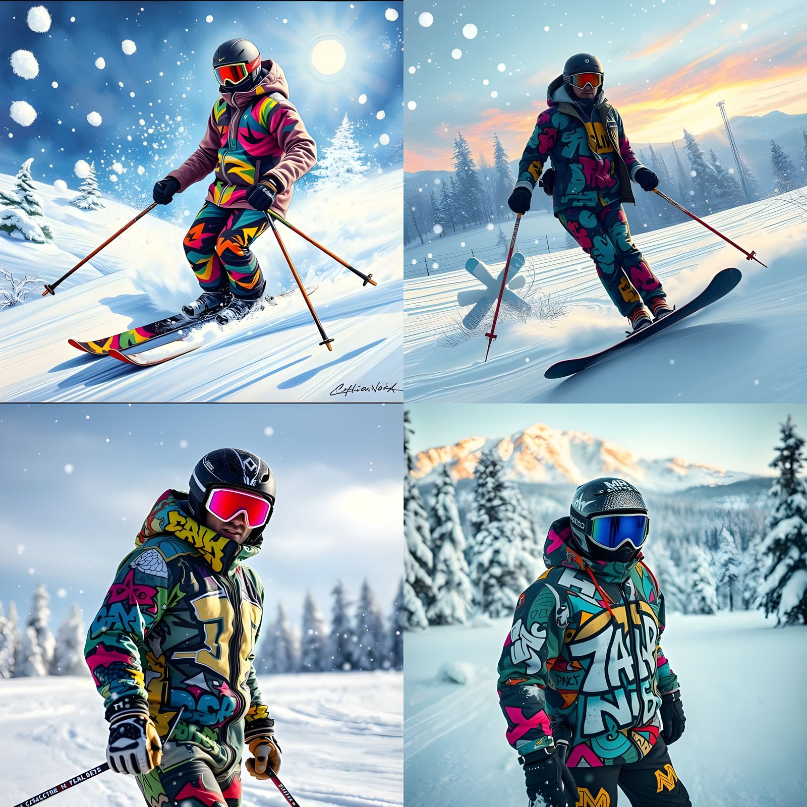 Stylish Graffiti Skier in a Colorful Snowy Landscape