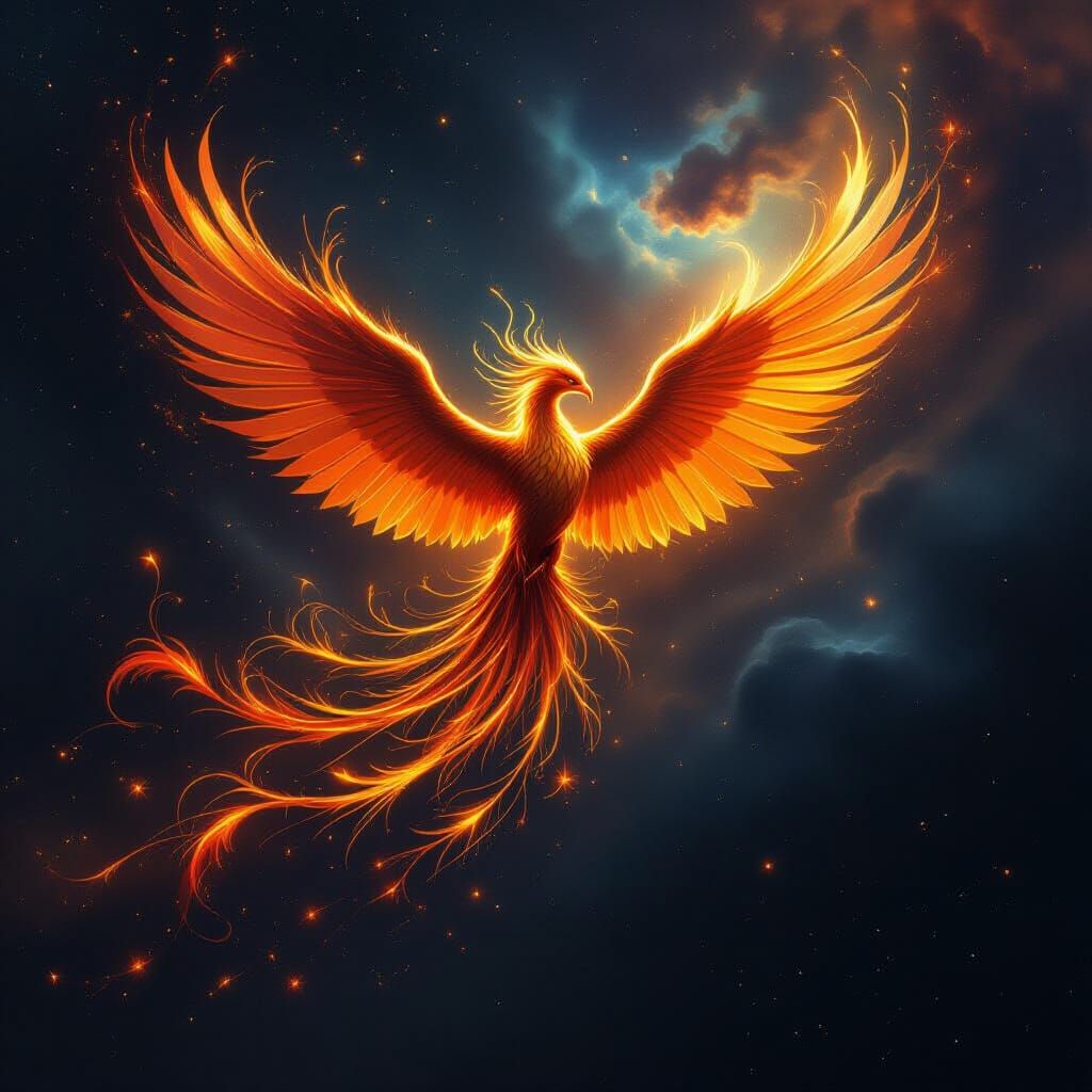 Golden Phoenix Soars Through Cosmic Nebula