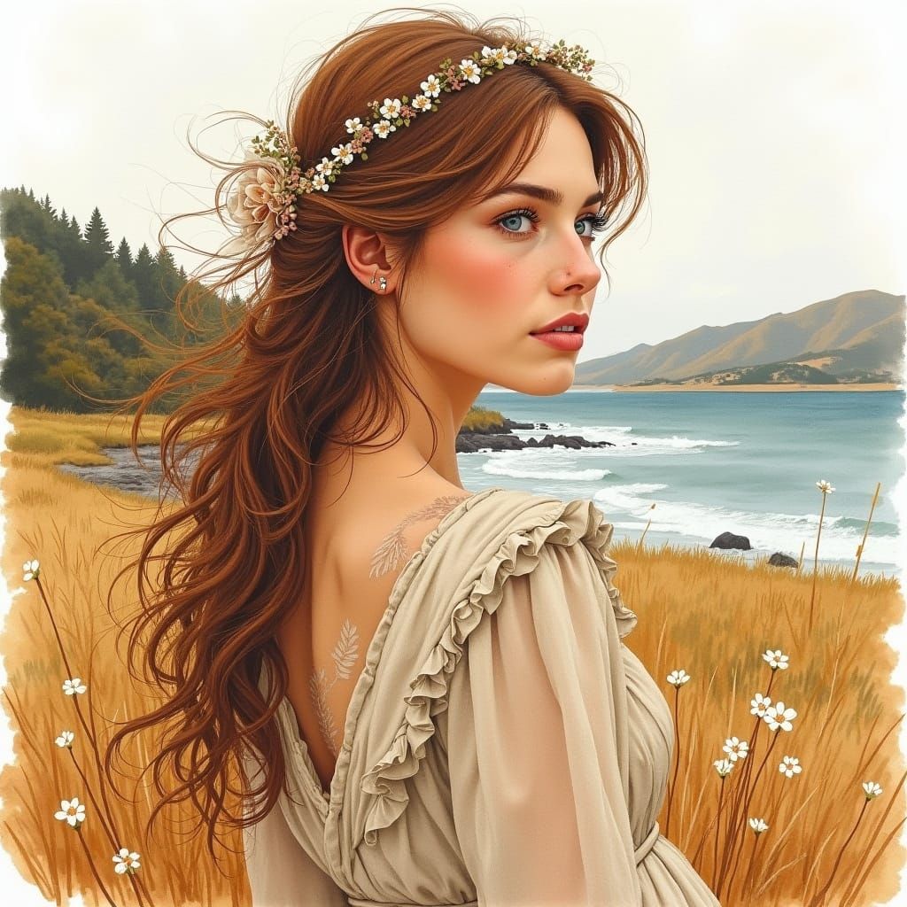 Elegant Woman in Earth-Toned Watercolor Landscape