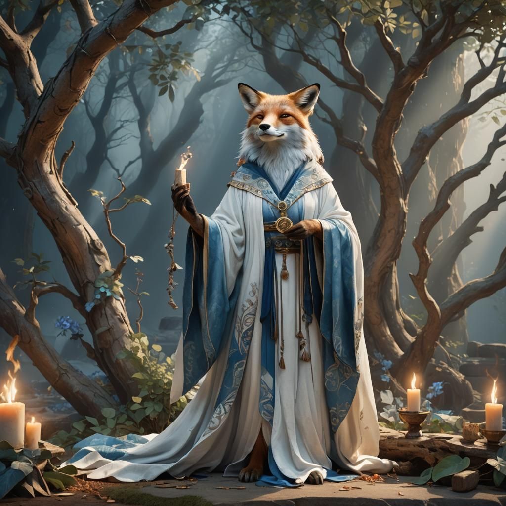 Fox Goddess at Altar in Mythic Realism Style