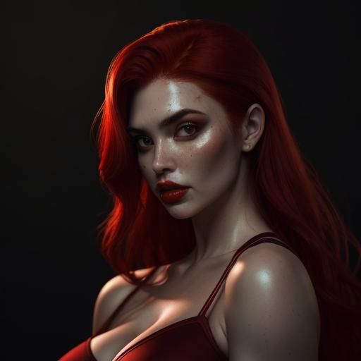 Hyperrealistic Portrait of Red-Haired Woman at Night