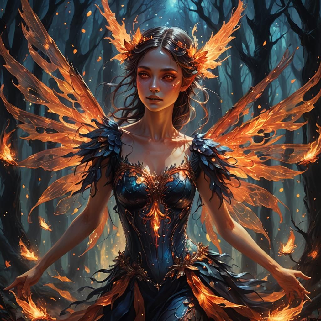 Fiery Fairy Dance in Dark Fantasy Forest