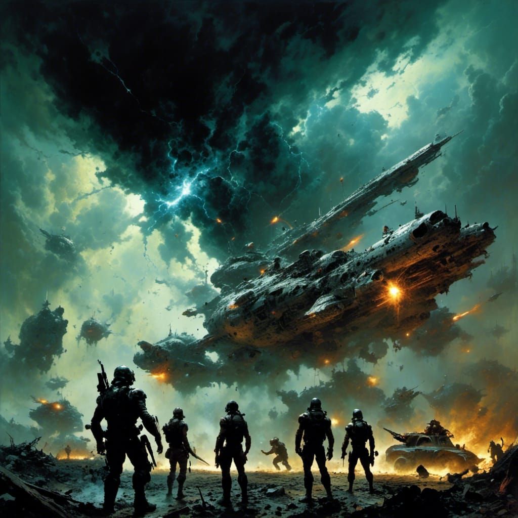 Epic Battle Against Acid Creatures in John Berkey Style