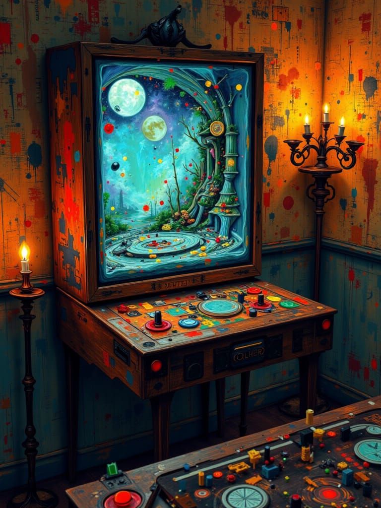 Mysterious Arcade Cabinet with Shifting World Inside