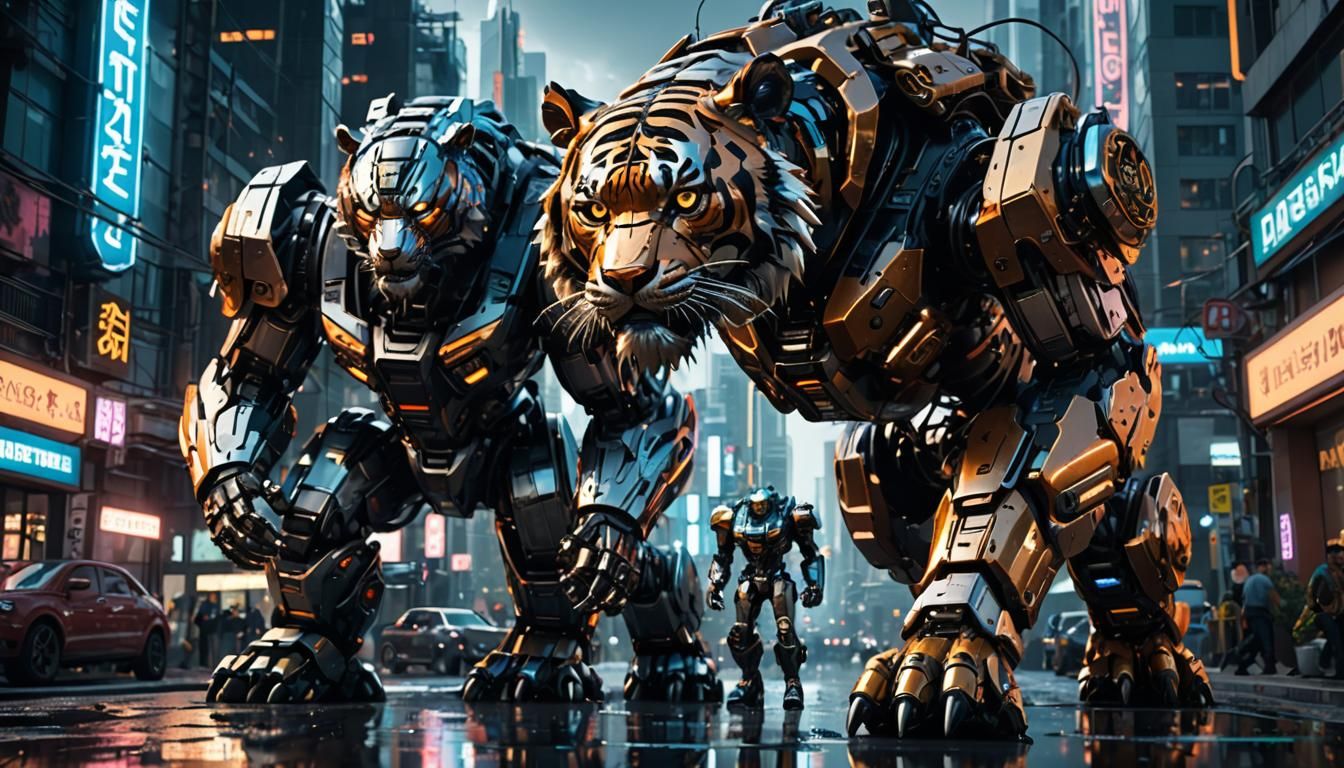 Tiger Mecha vs Grizzly Bear Mecha in Cyberpunk City