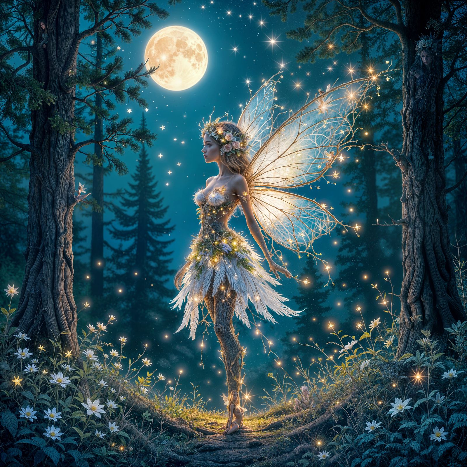 Enchanted Fairy of Sticks and Lights in Moonlit Forest