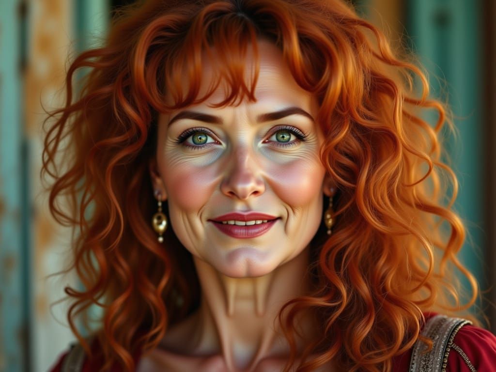 Middle Aged Woman With Red Hair In Old West Setting