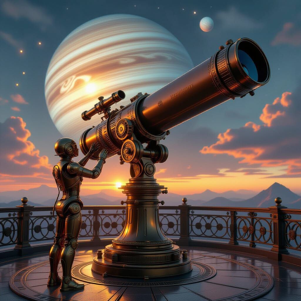 Steampunk Automaton Polishes Telescope Over Gas Giant