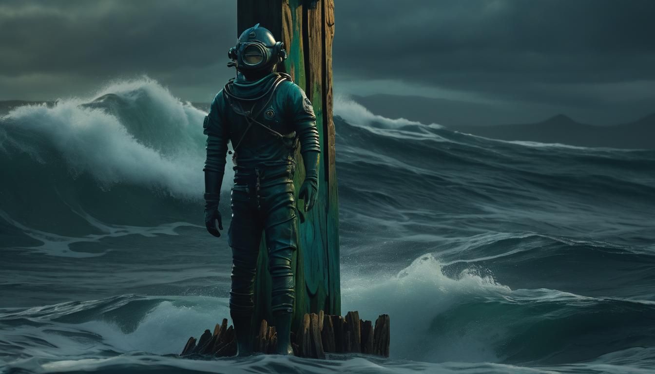 Diver Clings to Totem in Turbulent Ocean