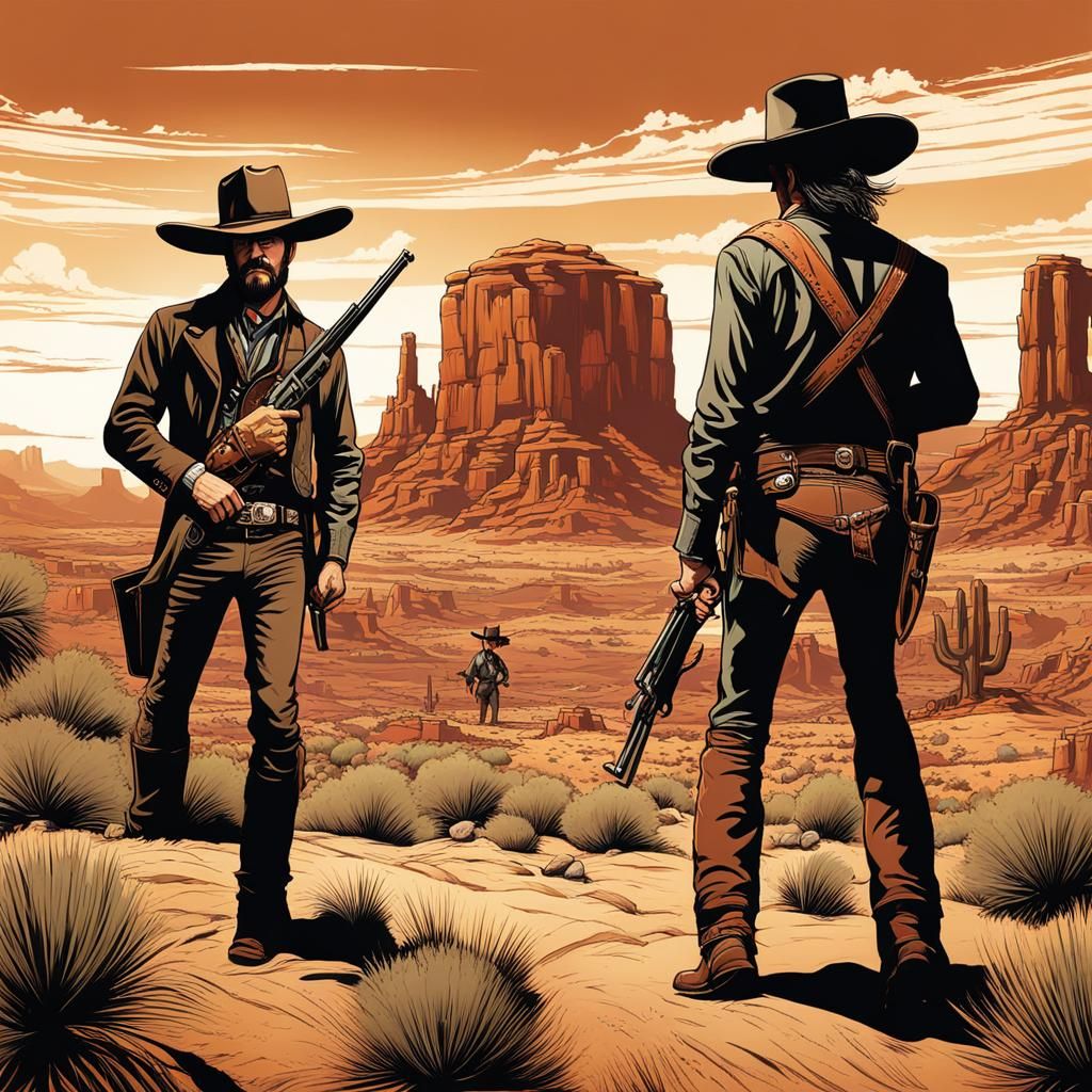 Humorous Caricature of a Wild West Showdown