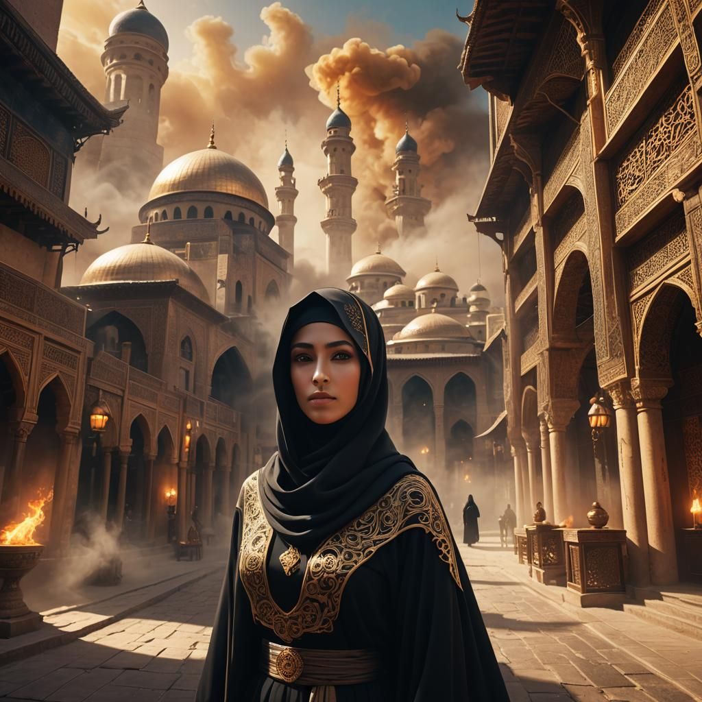 Mystical Woman in Niqab in Oriental City