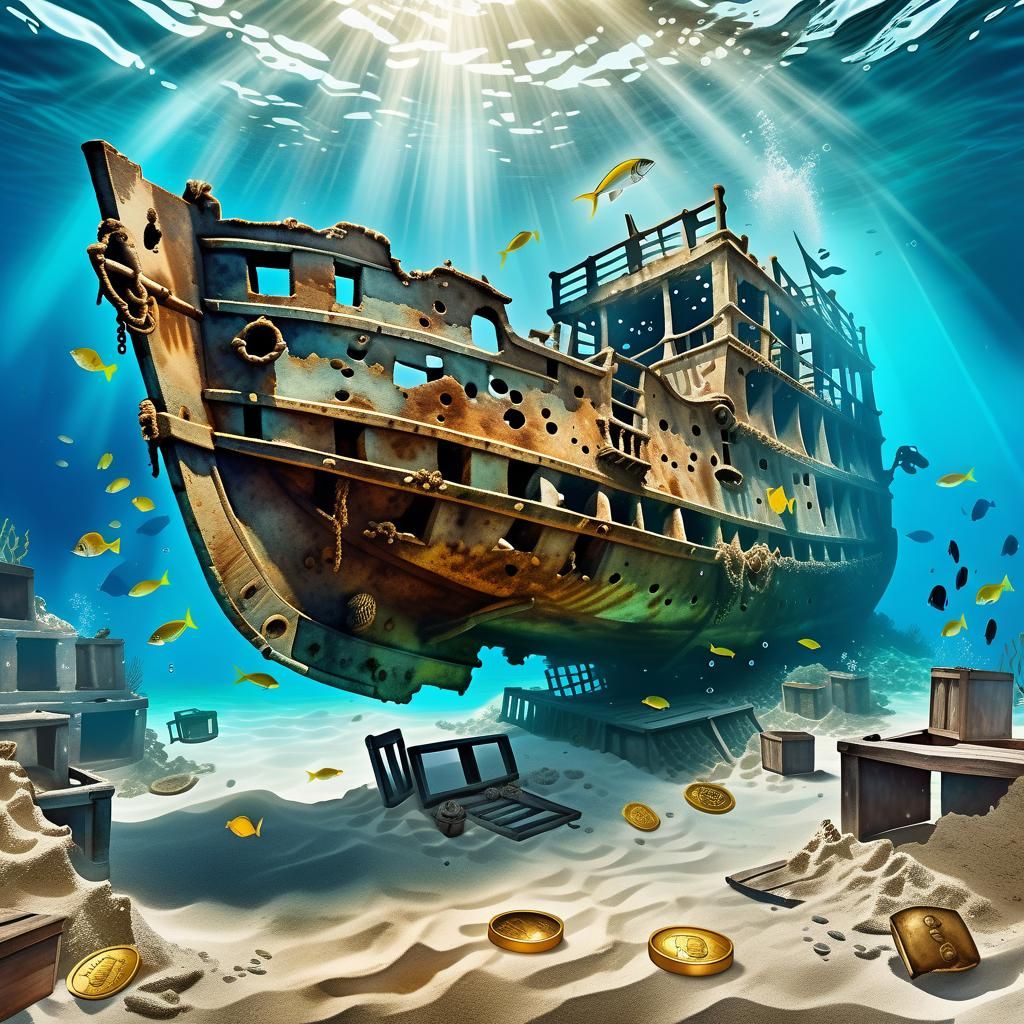 Underwater Ancient Civilization Pirate Wreck in Watercolor