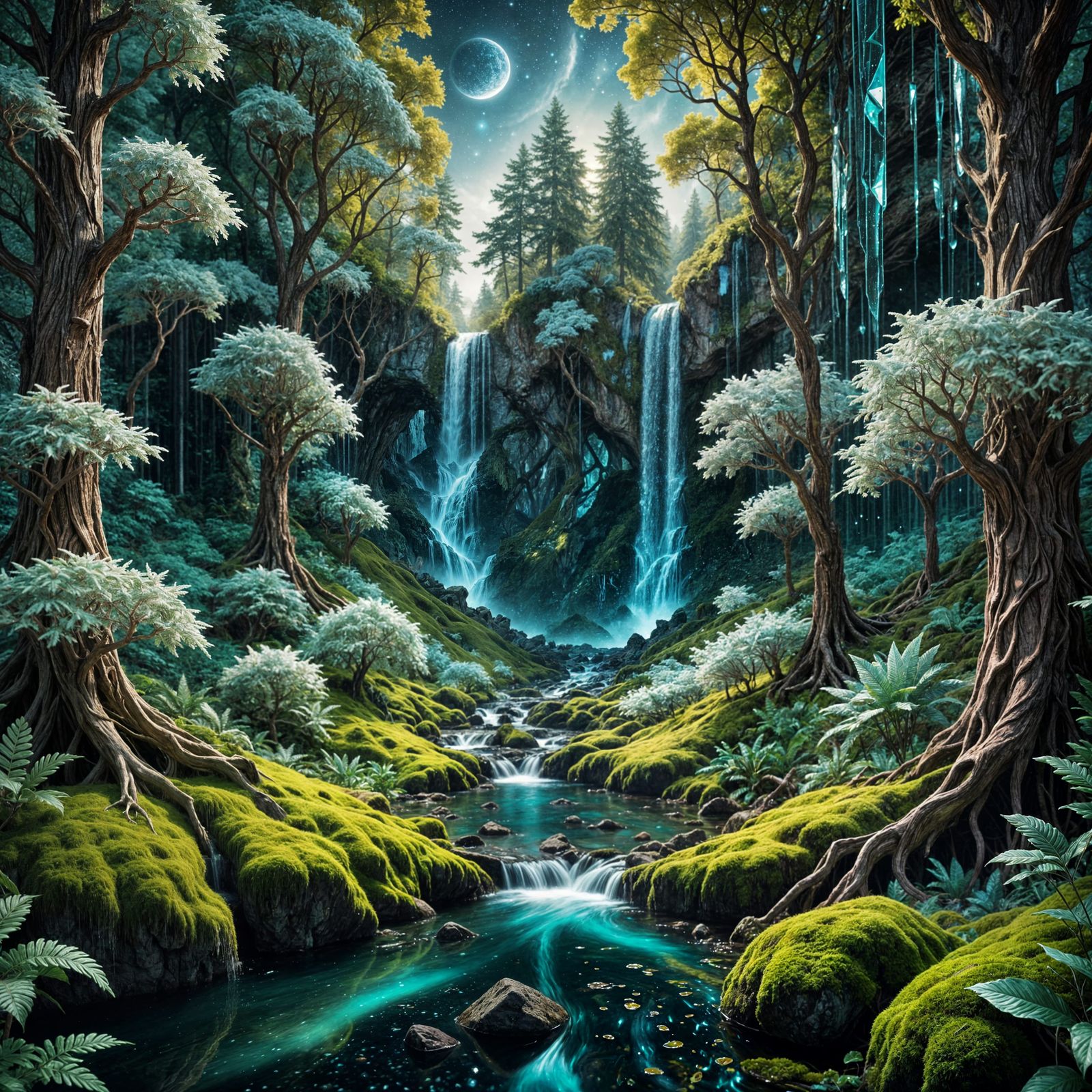 Surreal Crystal Forest and Galaxy Waterfall in 3D