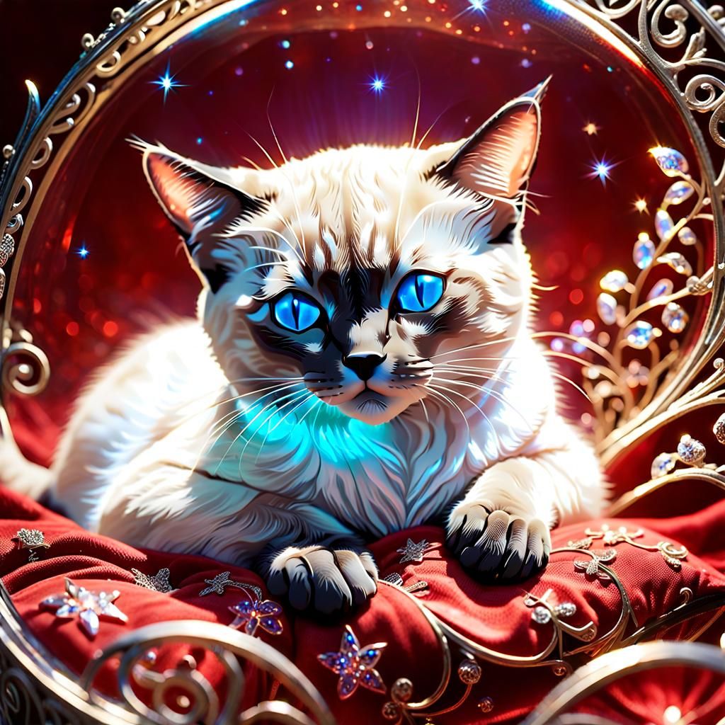 Bioluminescent Crystal Cat Sleeping on Starry Night