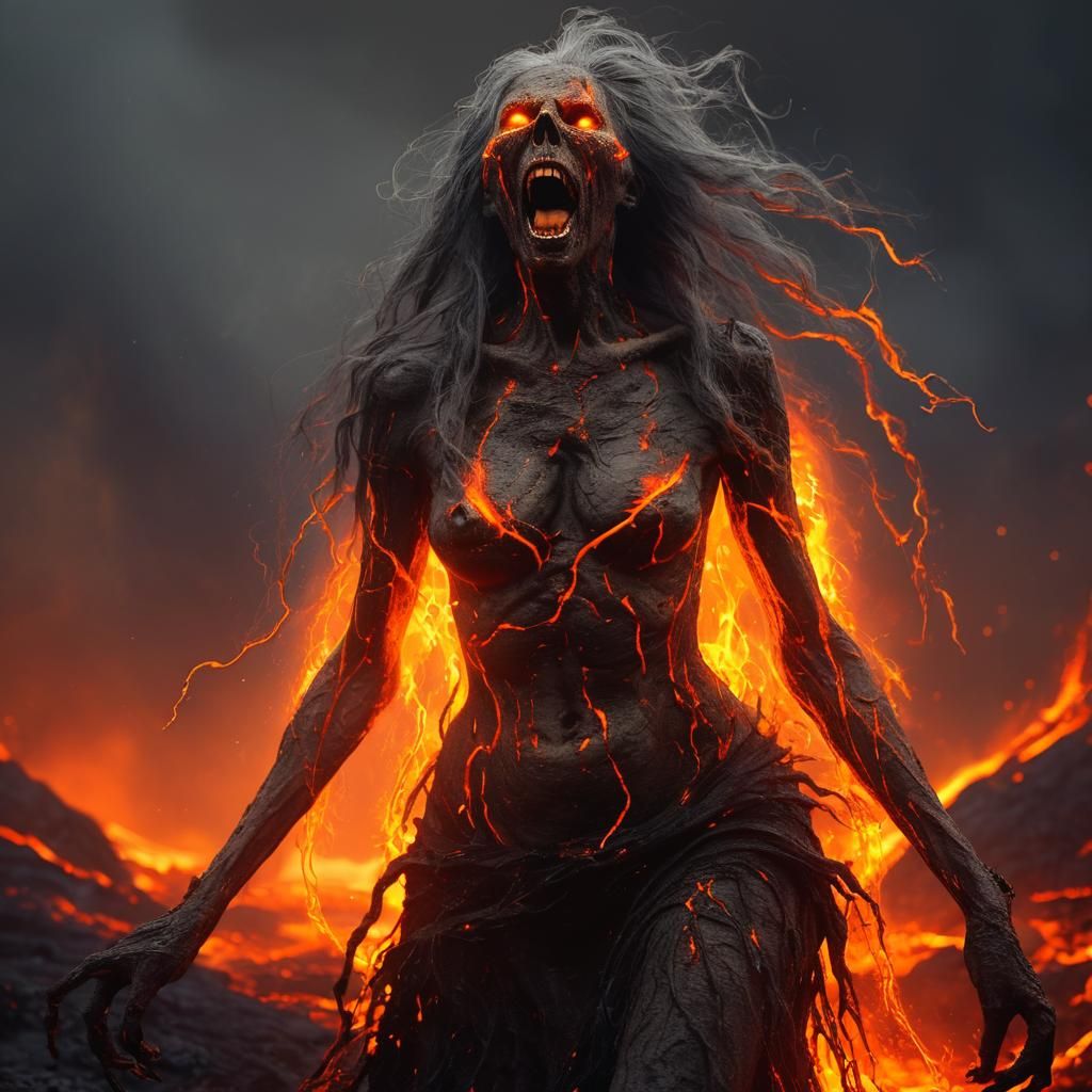 Lava Witch Screaming in Volcanic Landscape