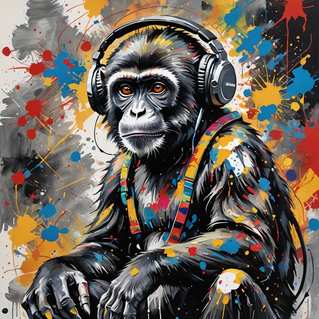Monkey in Headphones: Gouache Impressionist Masterpiece