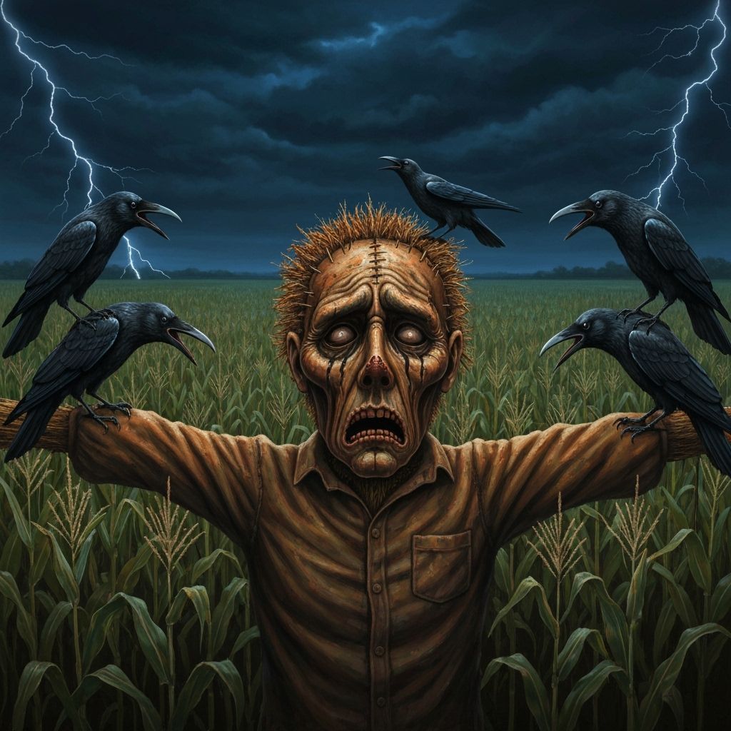 Nightmarish Scarecrow in Cornfield, as Gouache Painting