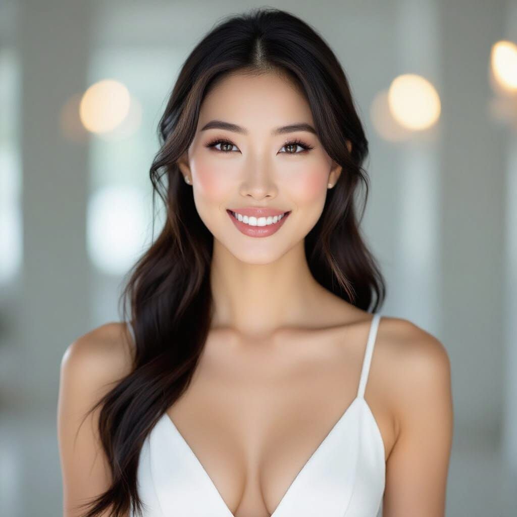 Radiant Asian Woman, Hyperrealistic Portrait