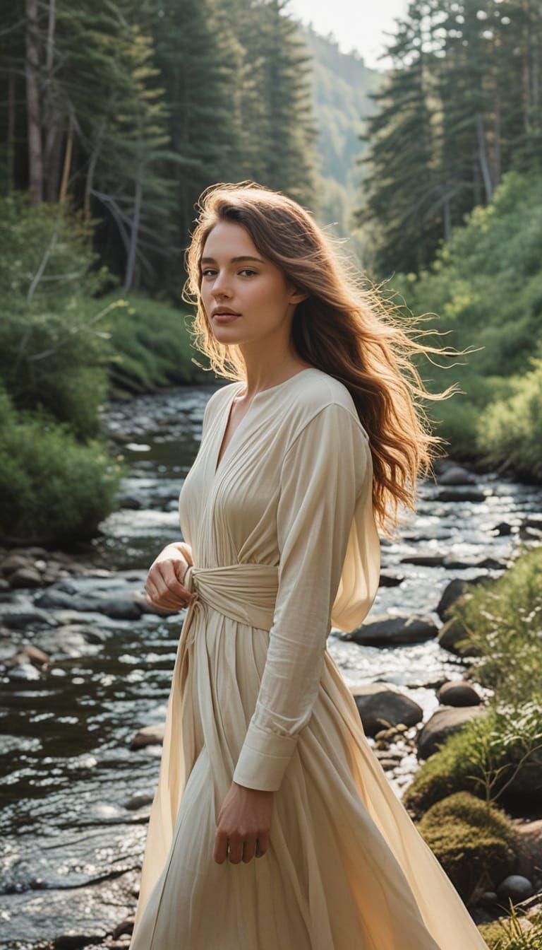 Serene Woman in a Natural Landscape with Golden Pencil Lines