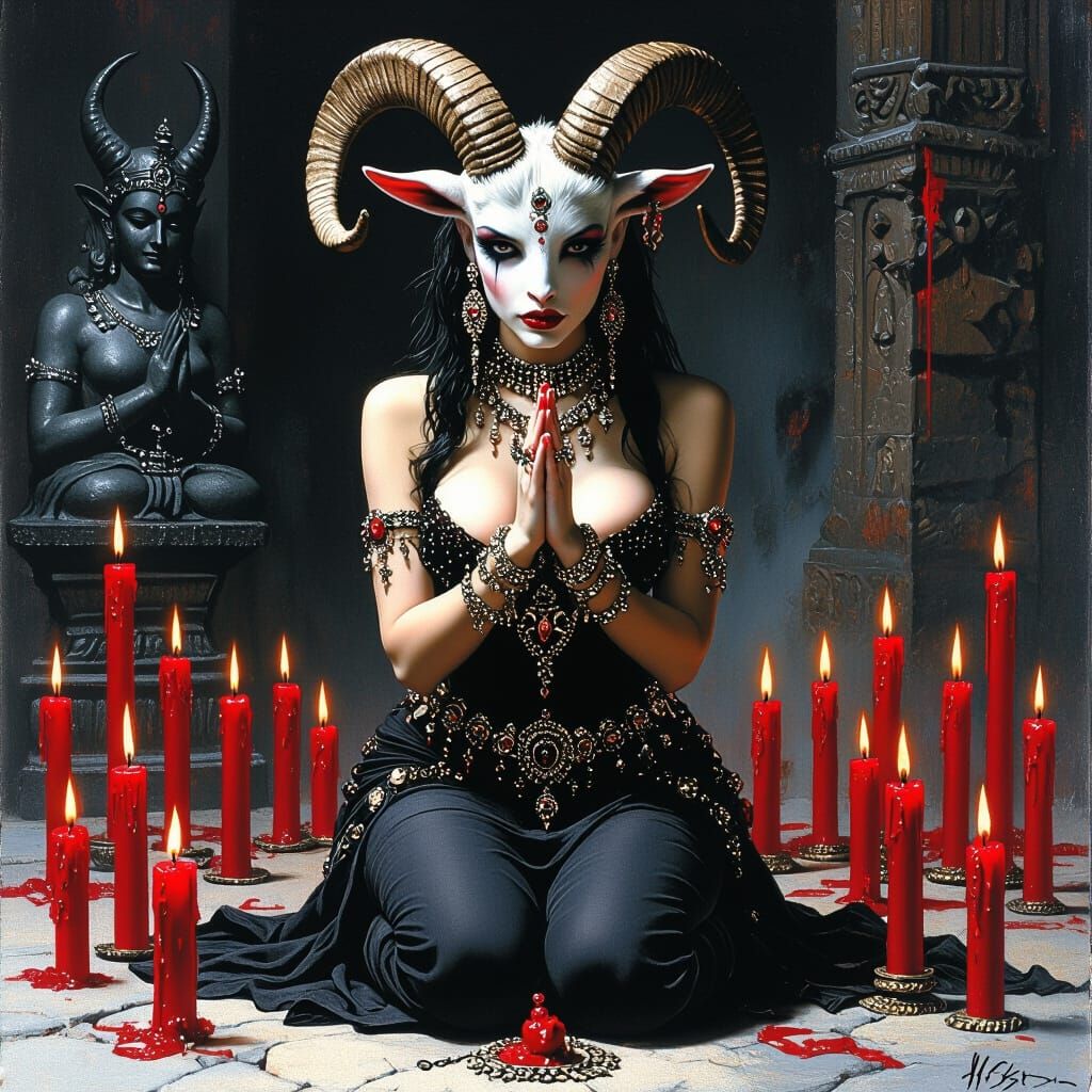 Goat-Headed Woman Praying in Dark Surrealist Style