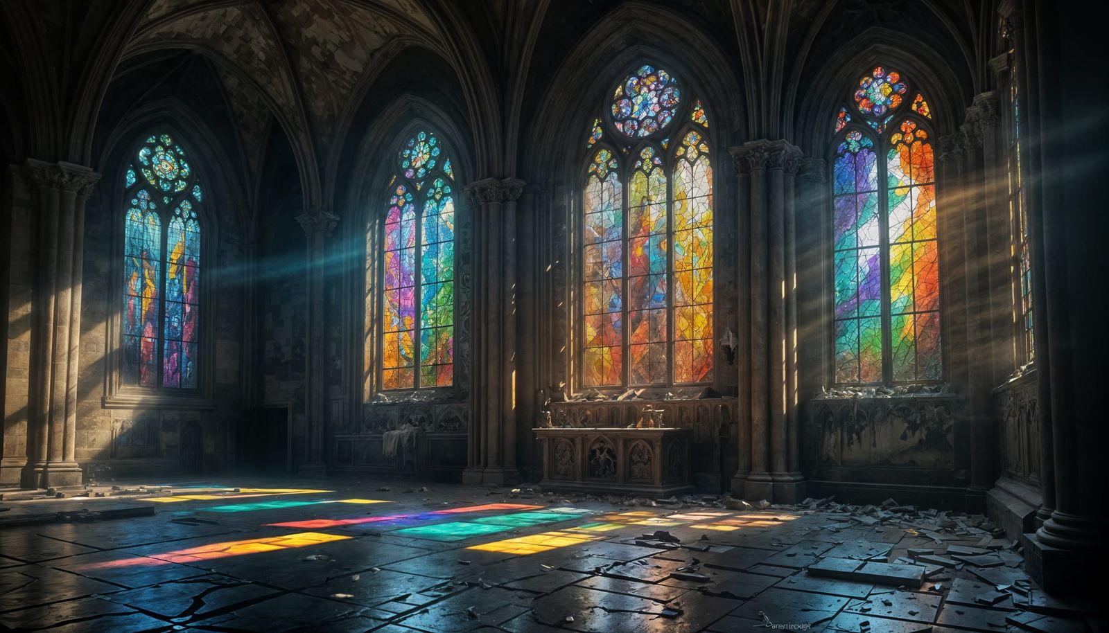 Radiant Light in Abandoned Gothic Cathedral