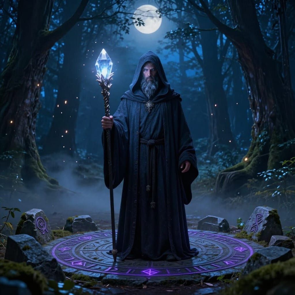 Mystic Mage in Enchanted Forest at Night