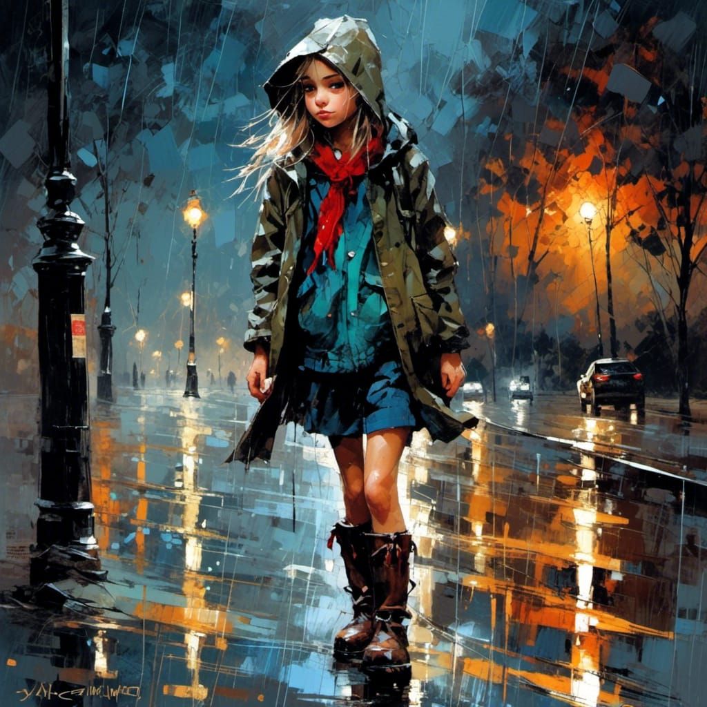Girl in Boots, Raindrops at Night, Expressionism