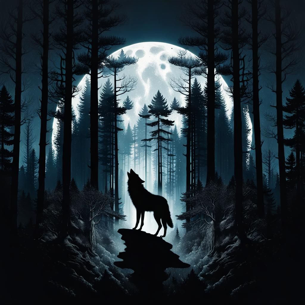 Wolf Silhouette Double Exposure Forest Illustration