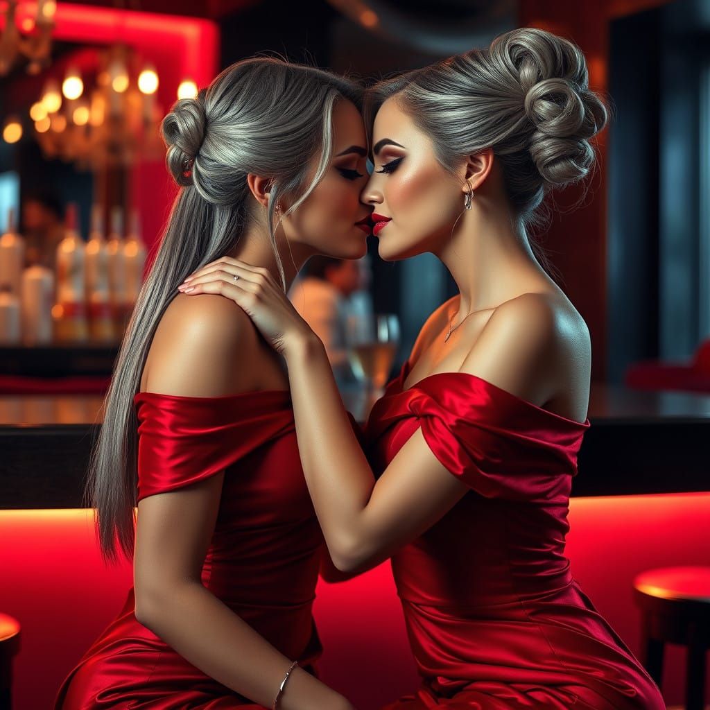 Ethereal Women Share a Tender Kiss in a Sophisticated Bar Sc...