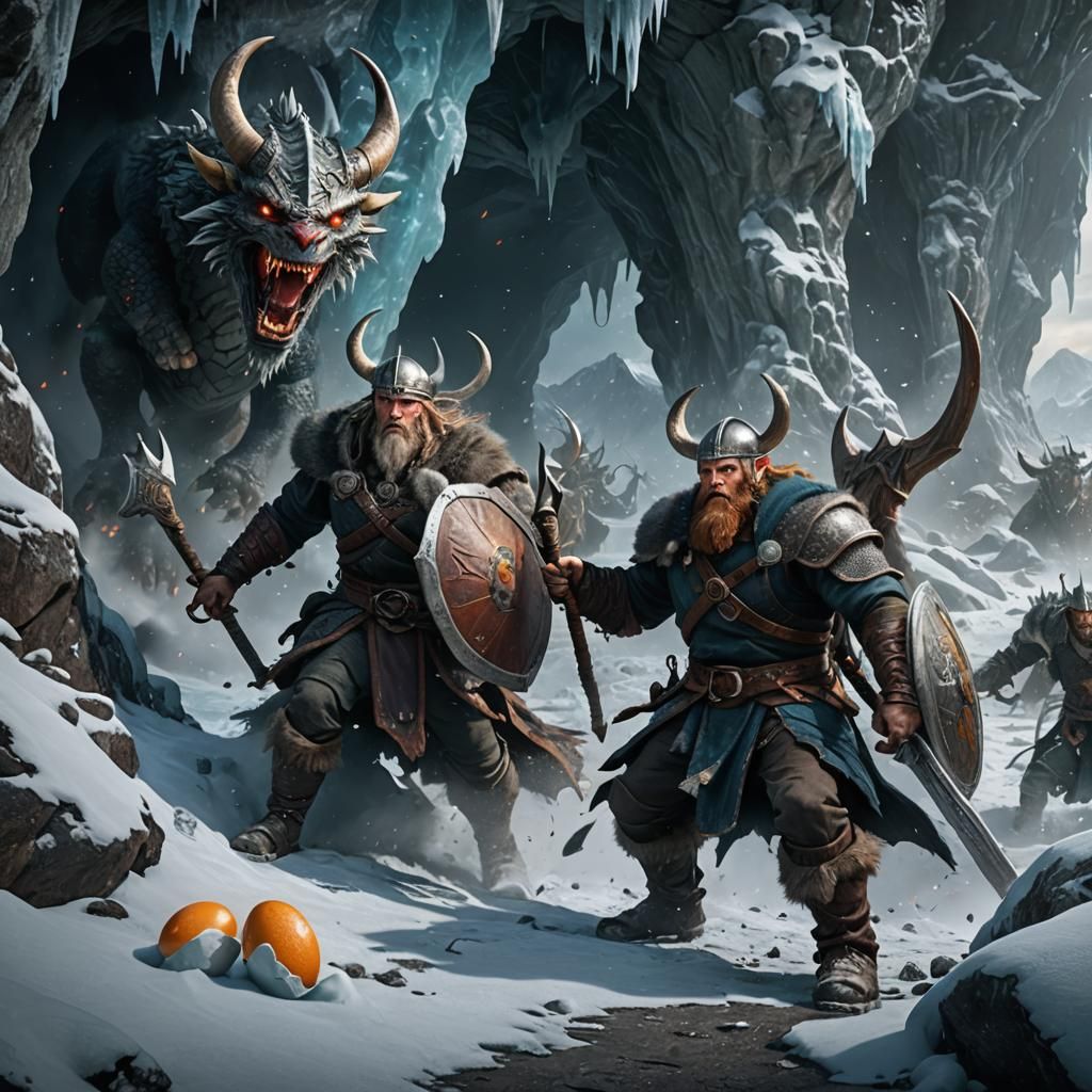 Vikings Battle Dragon in Frozen Cave