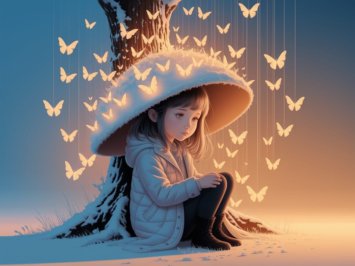 Girl with Butterfly Cap in Dreamlike Illustration