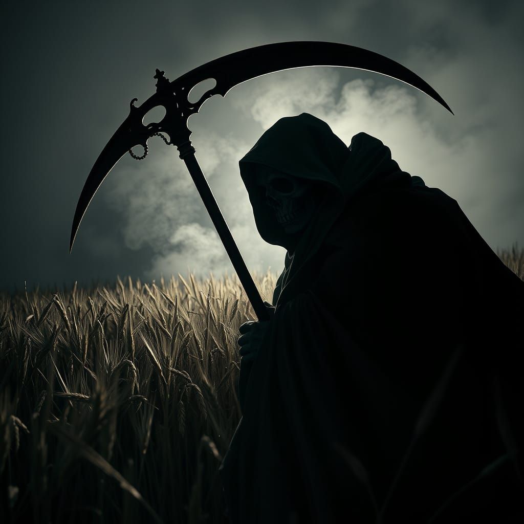 Grim Reaper Harvesting Wheat in Eerie Landscape