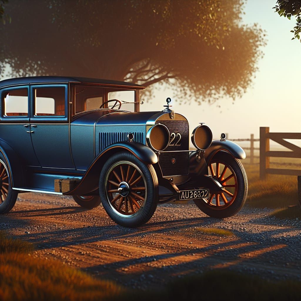 Vintage Car on Gravel Road at Sunset, Detailed Art