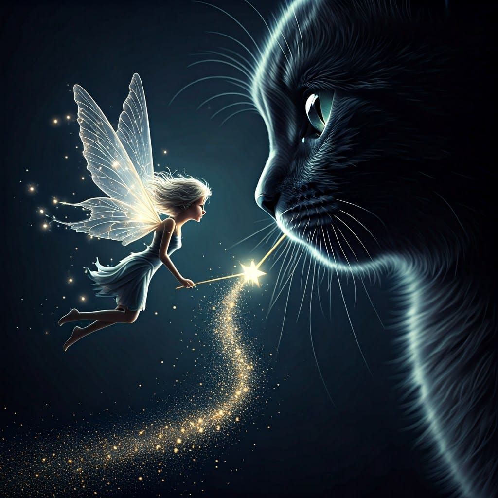 Luminescent Fairy Touches a Cat's Nose in a Whimsical Fantas...