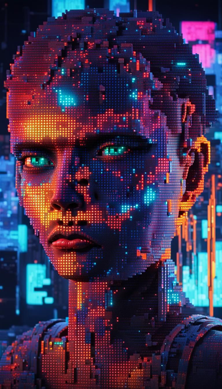 3D glass female face complet in very large pixel, pixel art,...