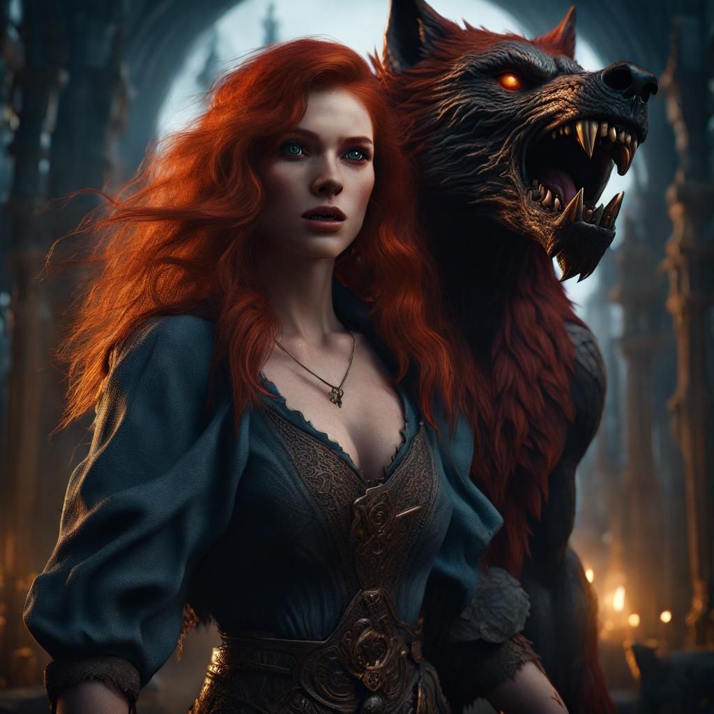 Redhead Protected by Werewolf: Fantasy Concept Art