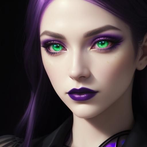 Beautiful gothic young lady with long purple hair and green eyes with purple eyeshadow with black eyeliner and dark purp...