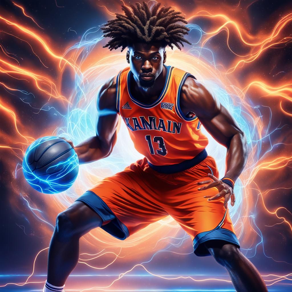 Energetic Basketball Player Charges Blue Energy, Vivid Digit...