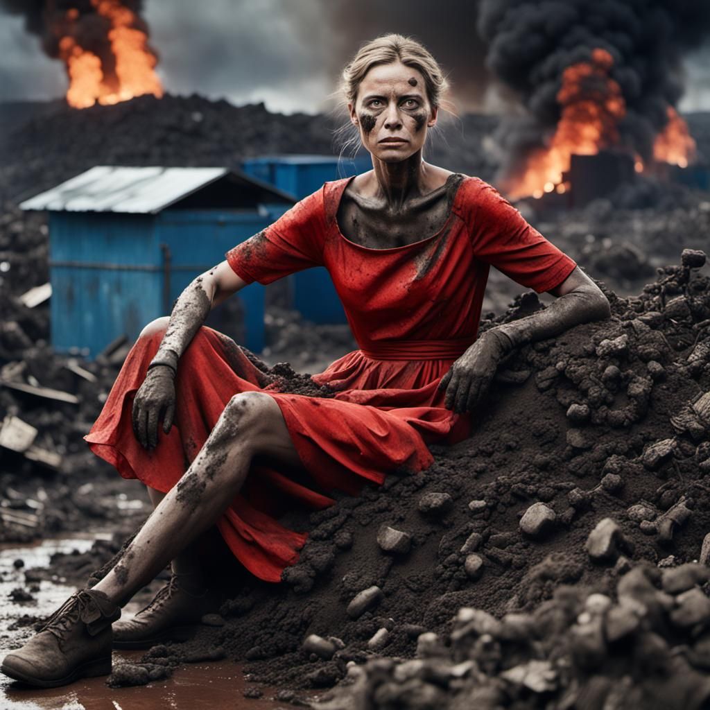 Woman in Red Dress in Apocalyptic Landfill