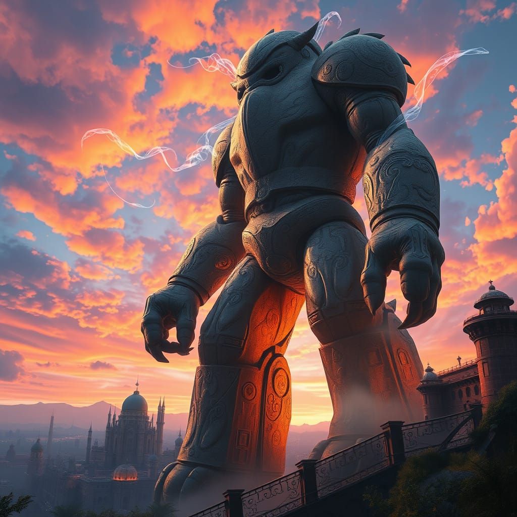 Majestic Golem Amidst Vibrant, Mystical Landscape