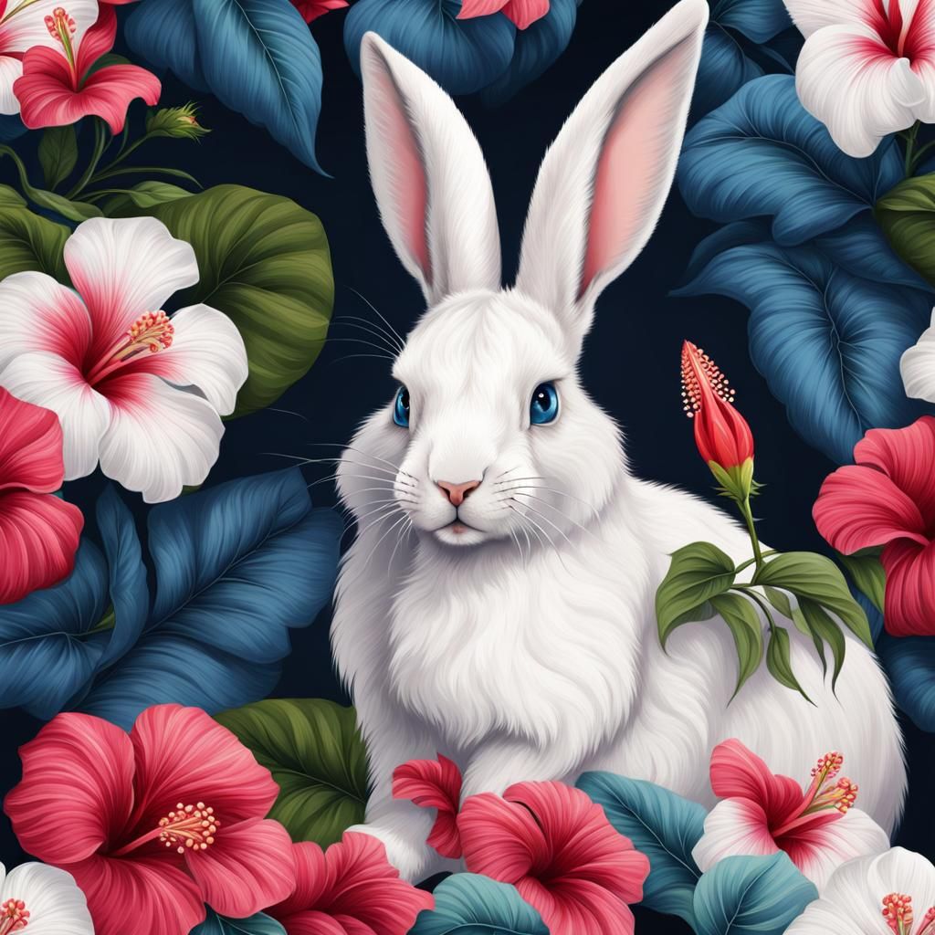 Fluffy White Bunny Surrounded by Hibiscus Flowers
