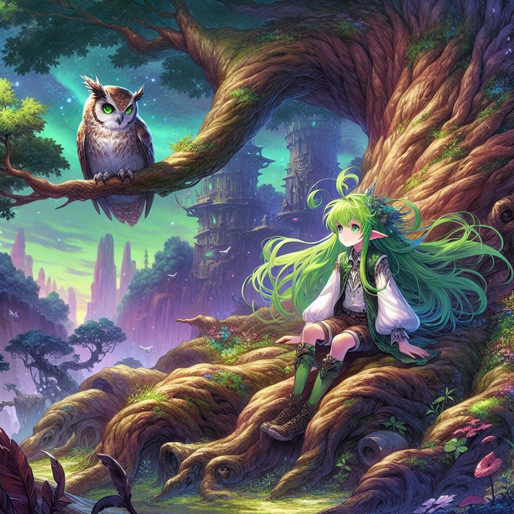 Anime Dryad and Owl Fantasy Art