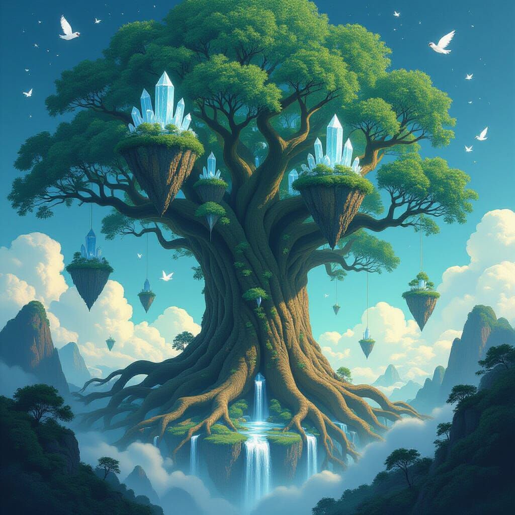 Ancient Tree of Reality with Starlight Rivers and Floating I...