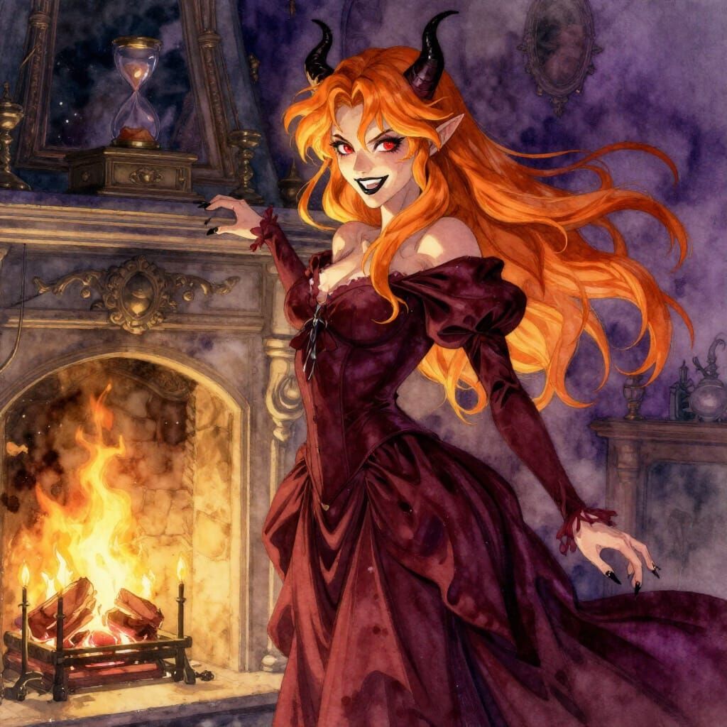 Female Demon in Burgundy Gown by Fireplace in Watercolor Sty...
