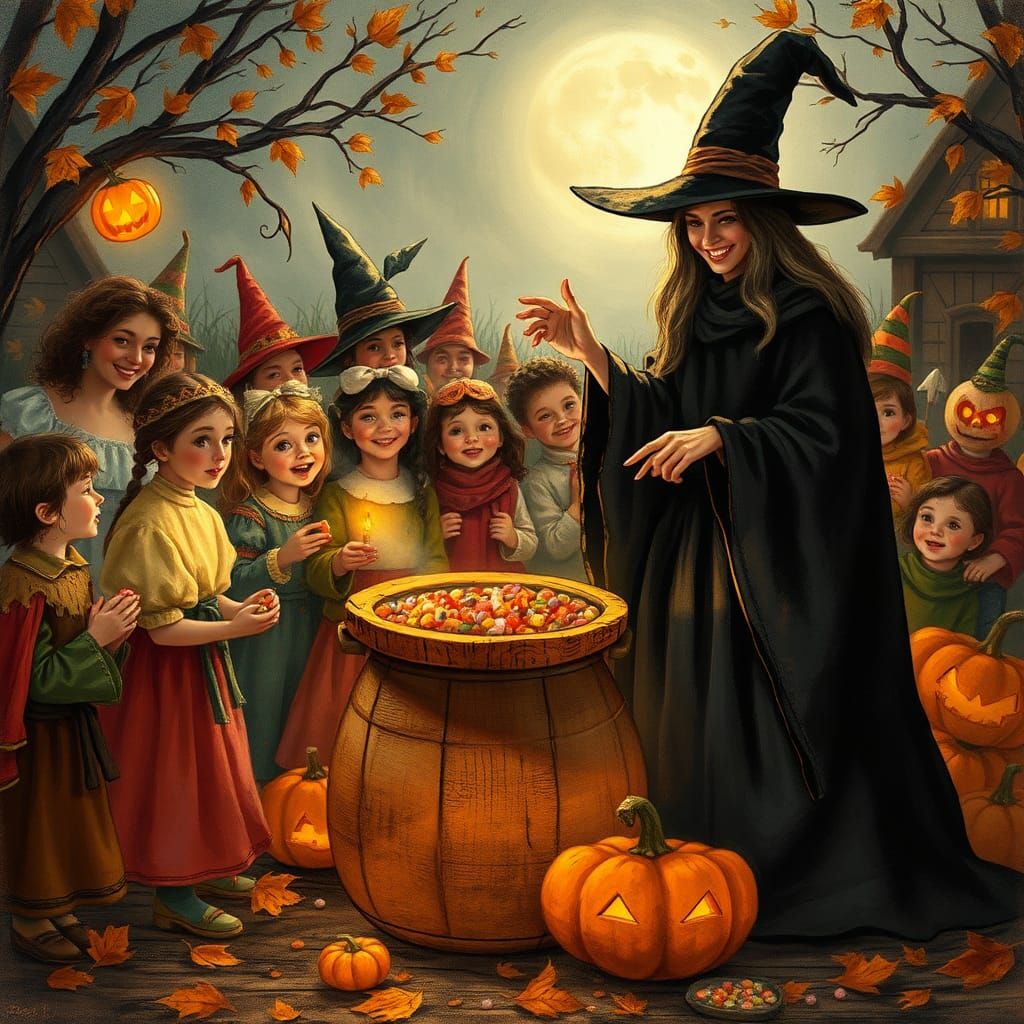 Halloween Revelers Receiving Candy From Witch
