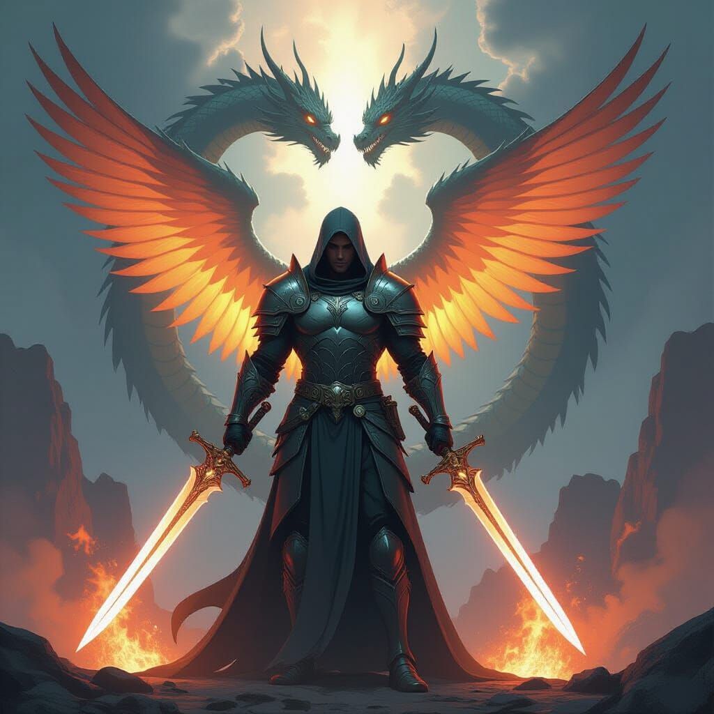 Angel Wielding Swords Against Dragon in Cosmic Battle