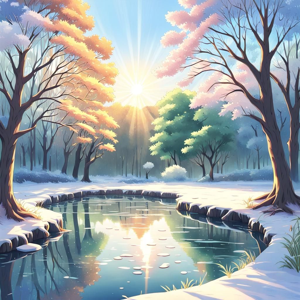 Frozen Pond in Morning Sun: Anime Key Visual