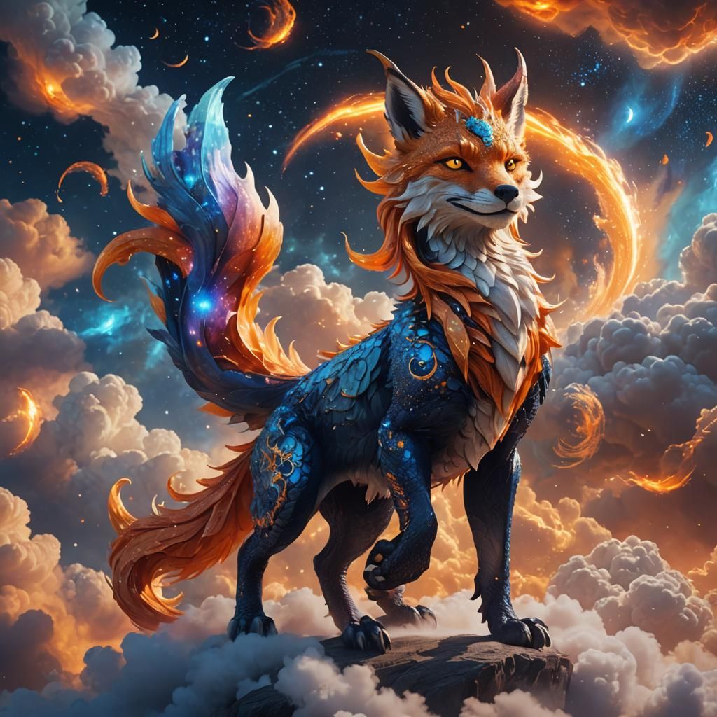 Celestial Fox Dragon Amidst Cosmic Clouds