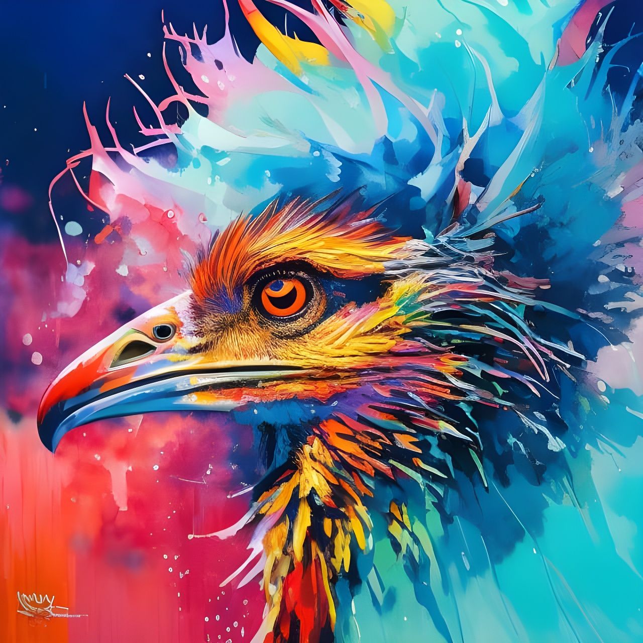 Emu Portrait in Colorful Water Smoke Style