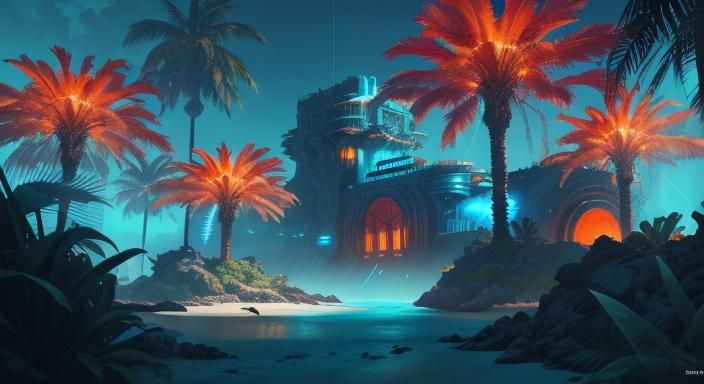 Tropical Cyberpunk Fortress on Beach Shore